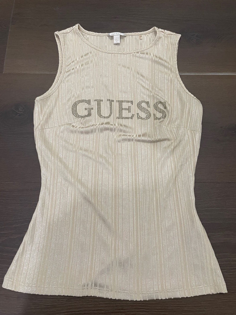 GUESS Cream Ribbed Sleeveless Tank with Rhinestone Logo